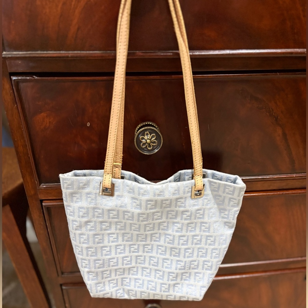 Fendi Light Blue FF Monogram Tote with Tan Leather Straps. - Picture 5 of 16